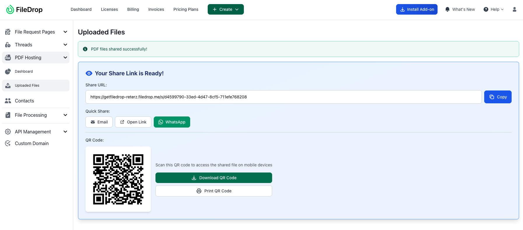 filedrop pdf share link qr code success FileDrop share link and QR code generation screen.