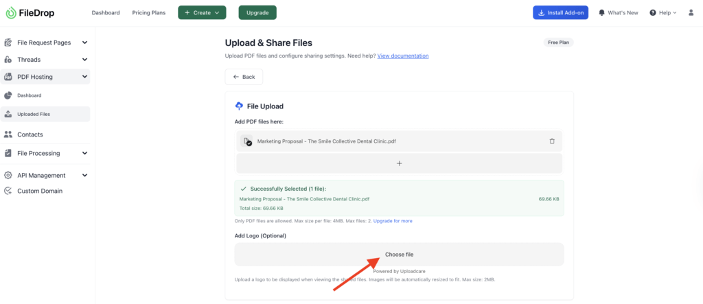 FileDrop upload screen with Choose file logo option.
