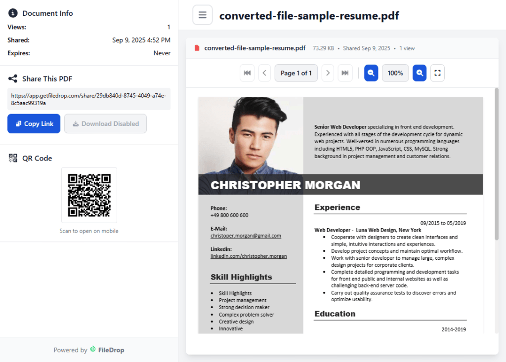 resume link share resume