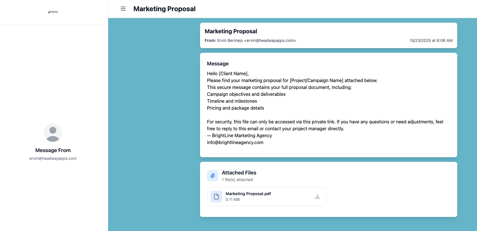 FileDrop's Sample hosted PDF with sender's message.