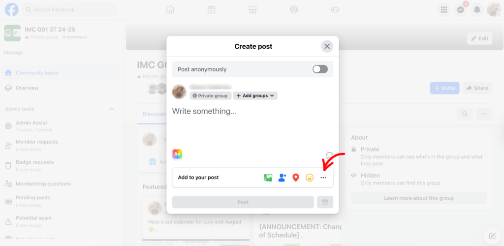 Gemini said Facebook group interface showing how to start a post with an arrow pointing to the "More" menu.
