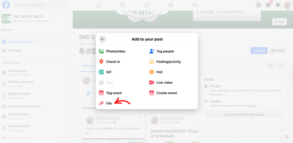 Facebook post options menu with a red arrow pointing to the "File" icon for uploading documents.