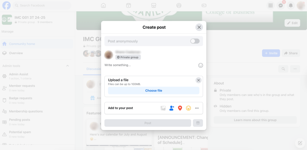 Facebook "Create post" window showing the "Upload a file" option with a 100MB size limit.