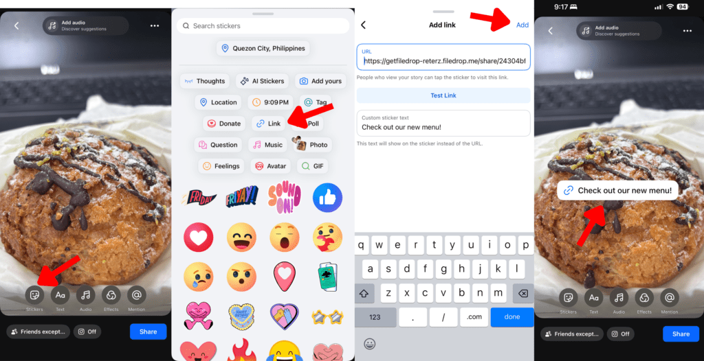 Step-by-step tutorial for adding a FileDrop link sticker to a Facebook Story with custom text.