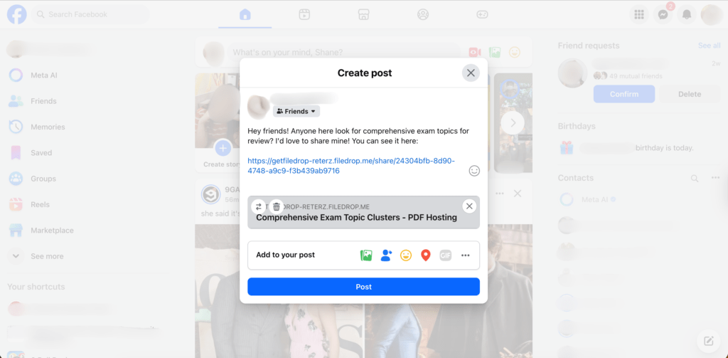 Facebook post preview showing a shared FileDrop PDF link for exam topic clusters with a link preview.
