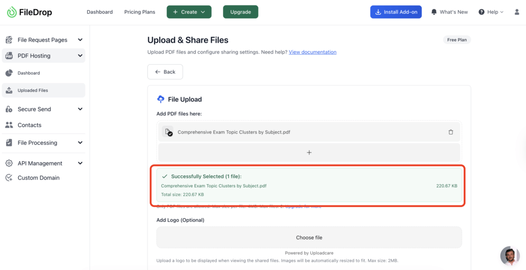 FileDrop interface showing a successful PDF file upload confirmation and file size details.