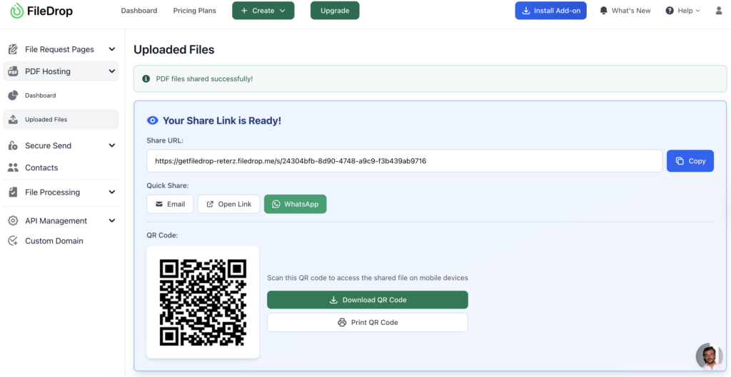 FileDrop share link and QR code for easy access and sharing of hosted PDF files.