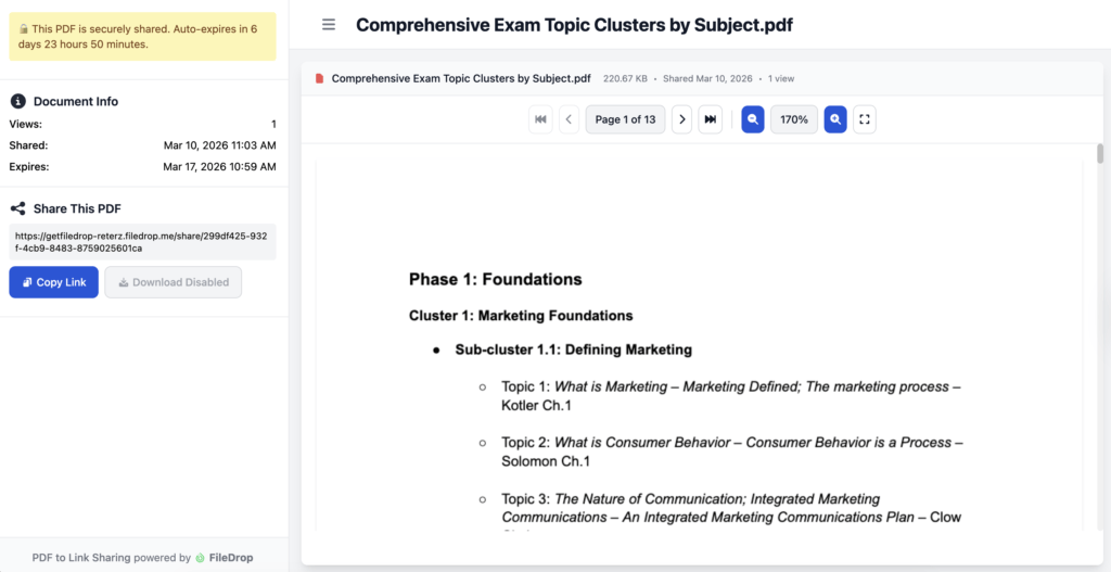 FileDrop Web based PDF Viewer FileDrop web-based PDF viewer showing a secure document with expiry settings and share link.