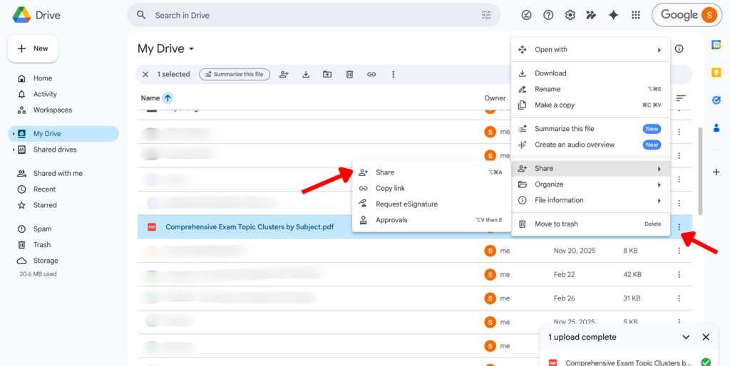 Google Drive interface showing how to share a PDF file using the right-click menu and share options.