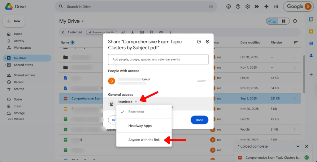 Google Drive sharing settings window showing permissions for a PDF file with General Access options.