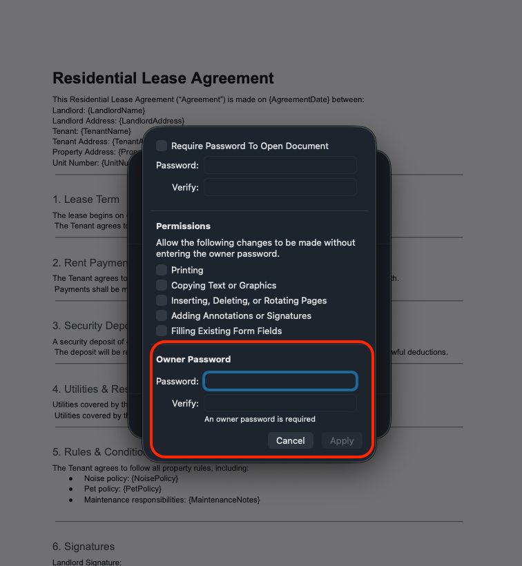 Mac Preview dialog for PDF password and permission settings.