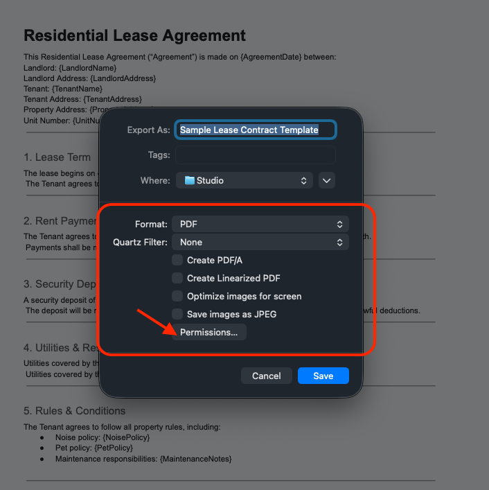 Mac Preview export window highlighting Permissions button.