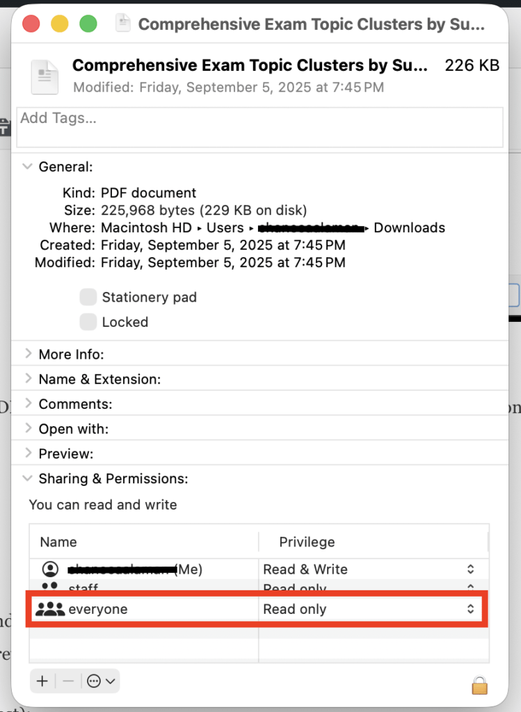 Mac file info showing read-only permissions for everyone.