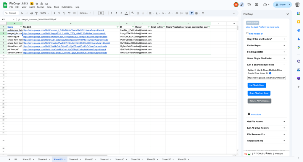 list all files in a google drive folder sheets