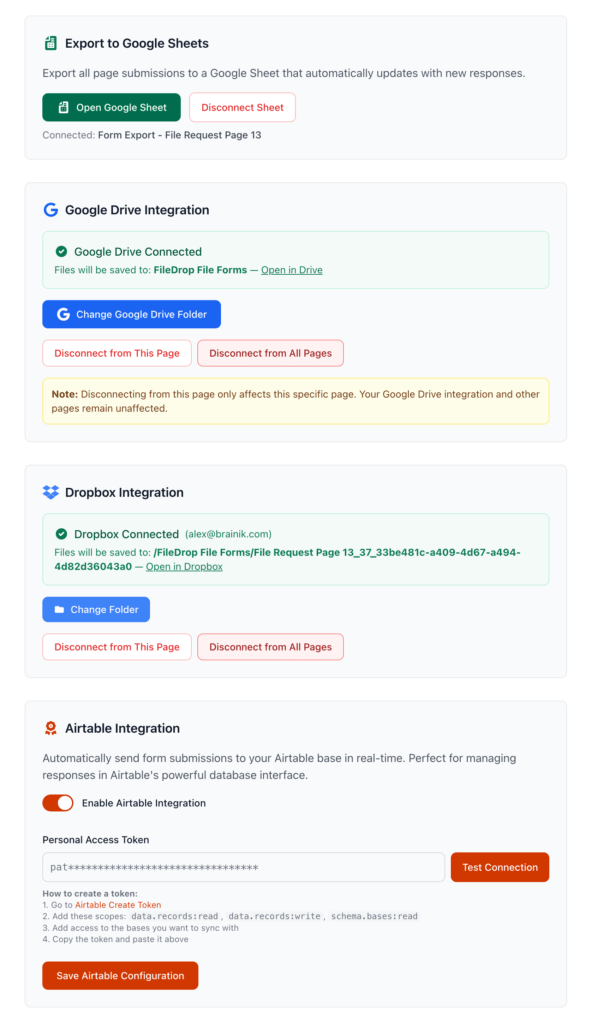 page files integrations settings