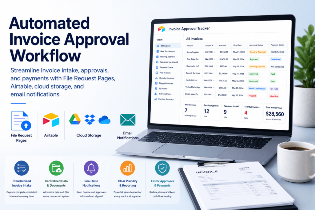 Create an Automated Invoice Approval Workflow with FileDrop, Airtable, Cloud Storage, and Email Notifications Overview