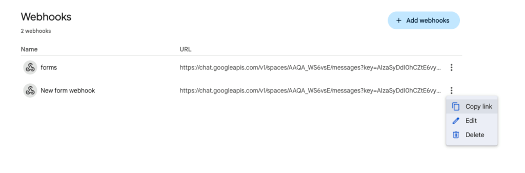 copy google chat webhook