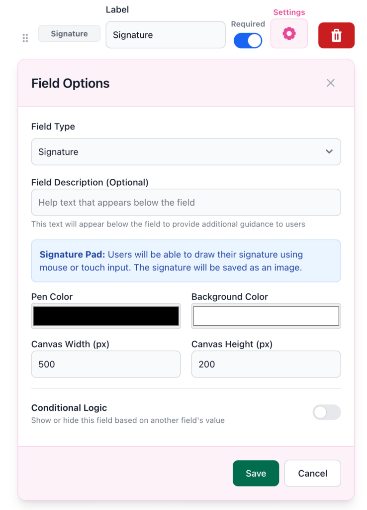 signature field settings