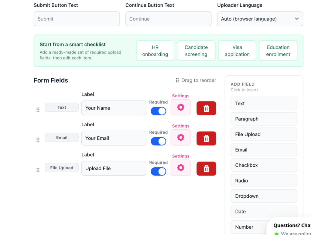 smart checklist setup filedrop file request