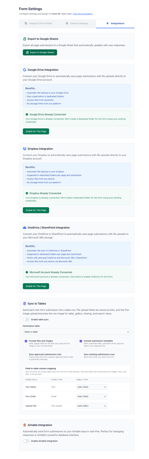 FileDrop Forms Integrations
