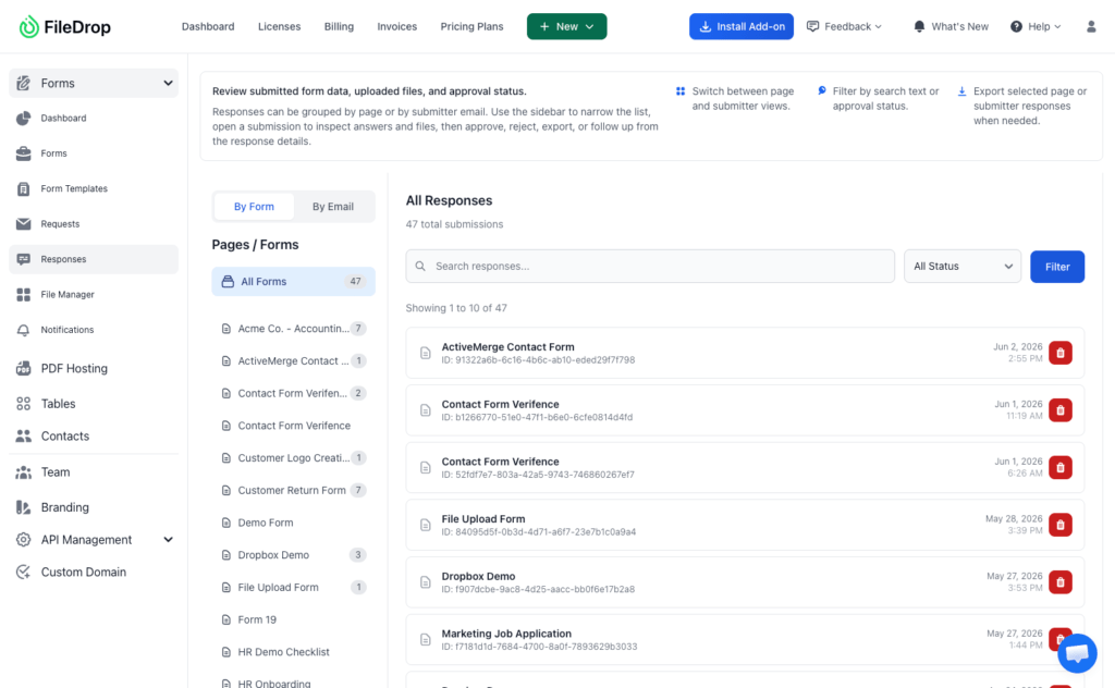 FileDrop Forms Responses Dashboard