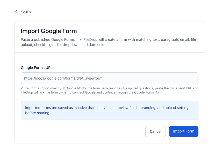 Import google forms filedrop