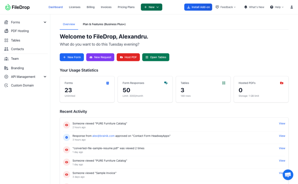 filedrop dashboard app
