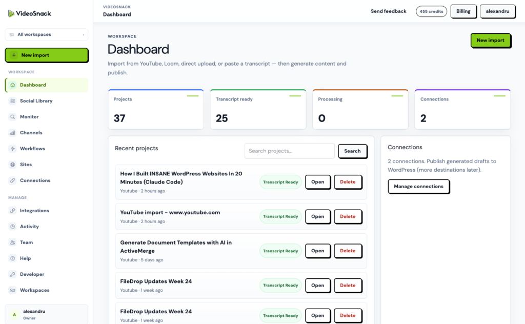 videosnack dashboard app